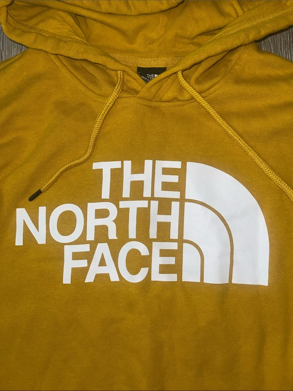 The North Face Men's Mustard Yellow Pullover Hoodie White Logo sweatshirt large